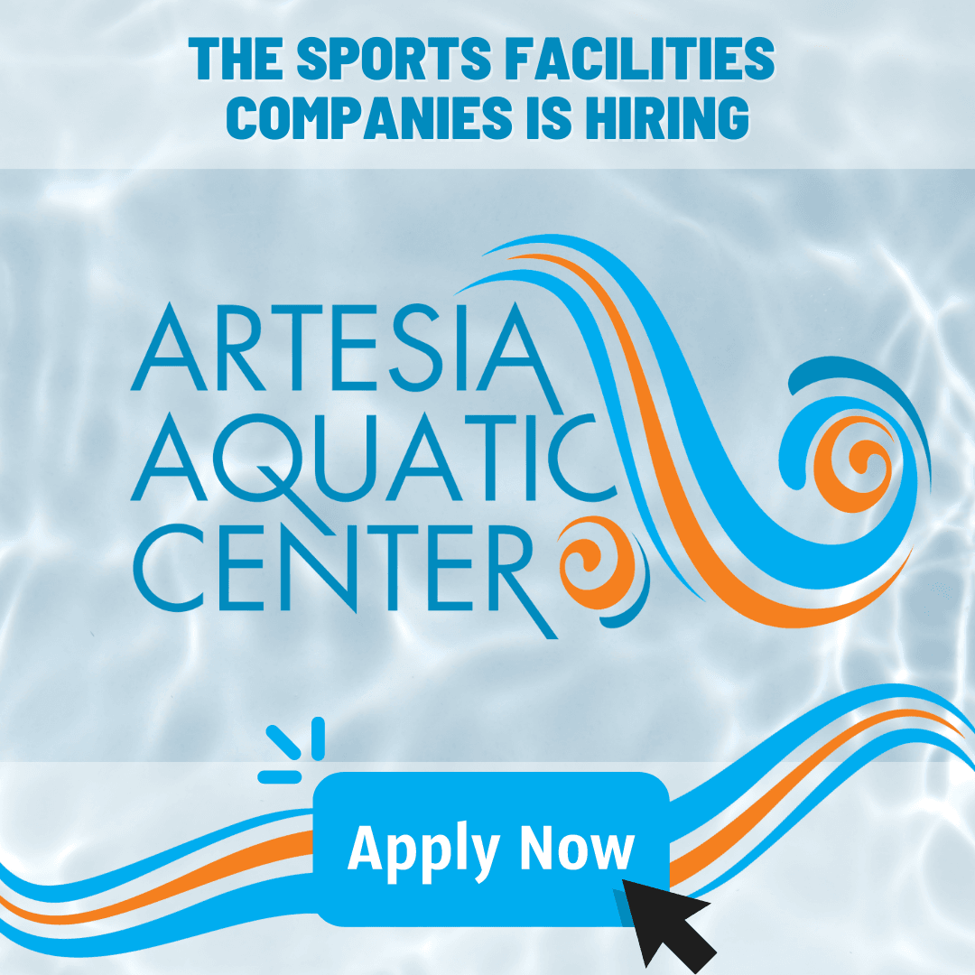 Hiring General Manager for Artesia Aquatic Center image with wave background, logo, and apply button