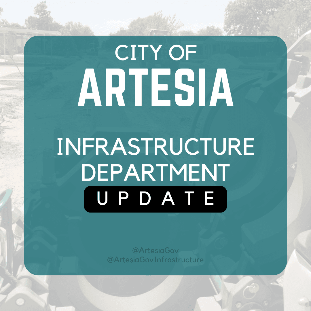 Artesia Infrastructure Update image with dark turquoise overlayed on top of image showing pipe work