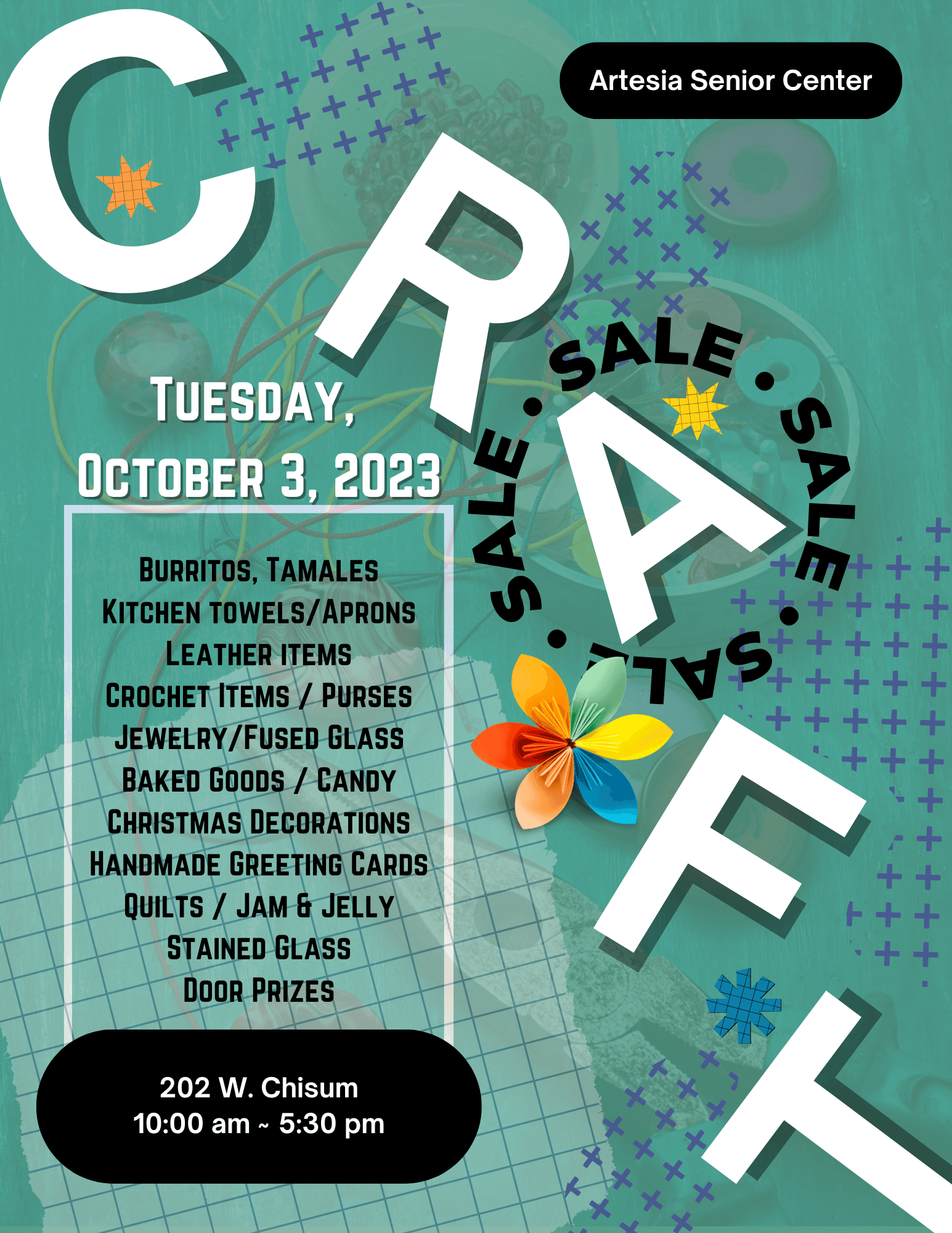 Craft Sale announcement for Senior Center includes list of items available and origami flower