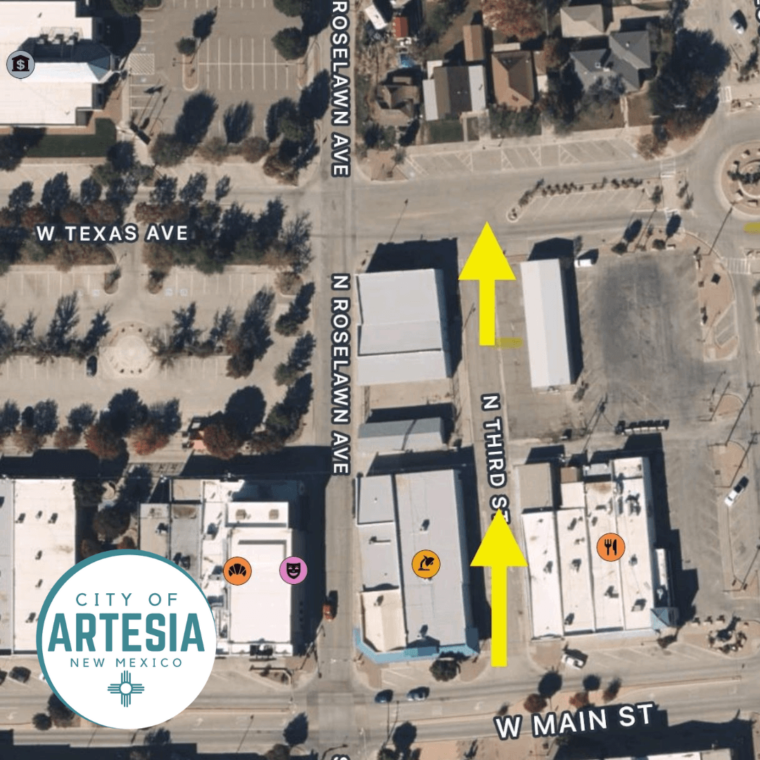 Satellite photo with Arrows Indicating Northbound One Way Street between West Main St